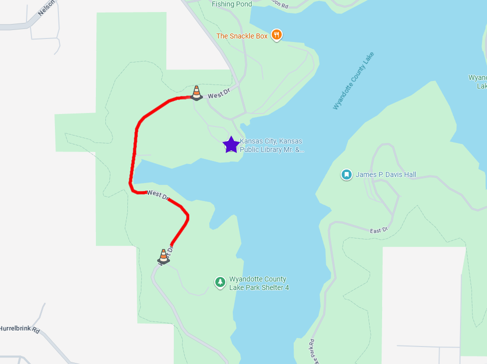 map graphic of road closure along West drive at Wyandotte County Lake Park