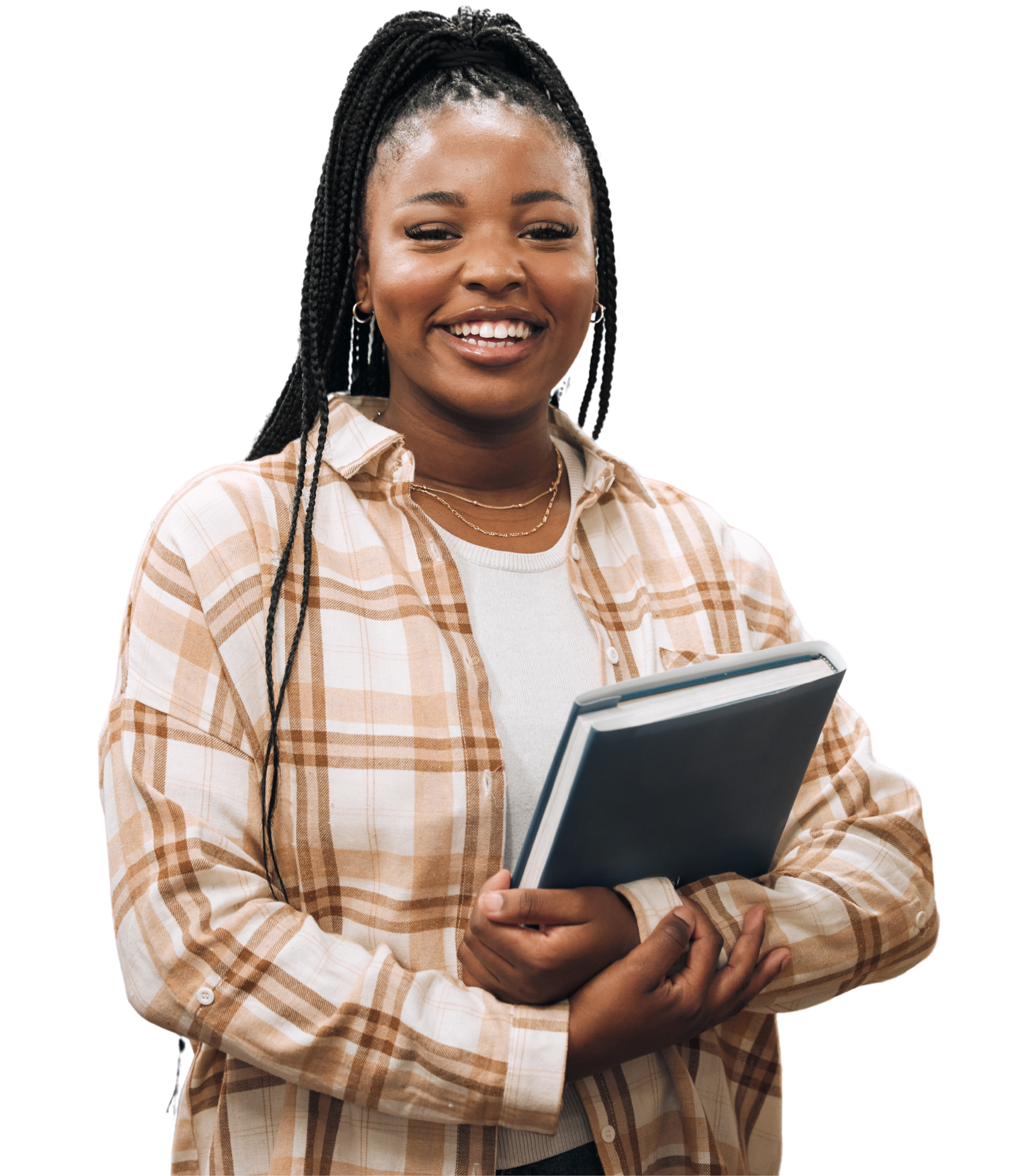 black woman smiling holding a book