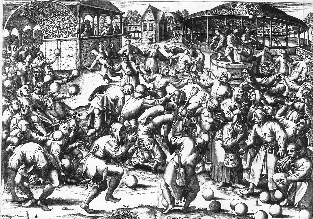 The woodcut titled Fools' Convention, 1500, by Pieter Bruegel the Elder, displaying a chaotic scene of medieval revelry.