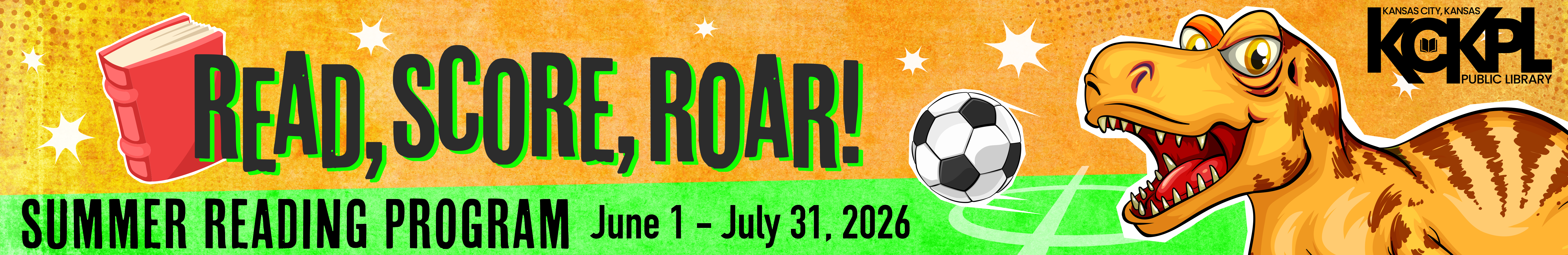 graphic for read schore roar summer reading program with orange t rex illustration and soccer ball