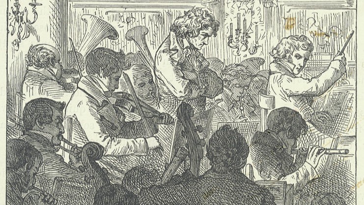 Lithograph by Carl Offterdinger depicting the premiere of Ludwig van Beethoven's Symphony No. 9. The composer stands in the middle of the orchestra listening intently as they play.