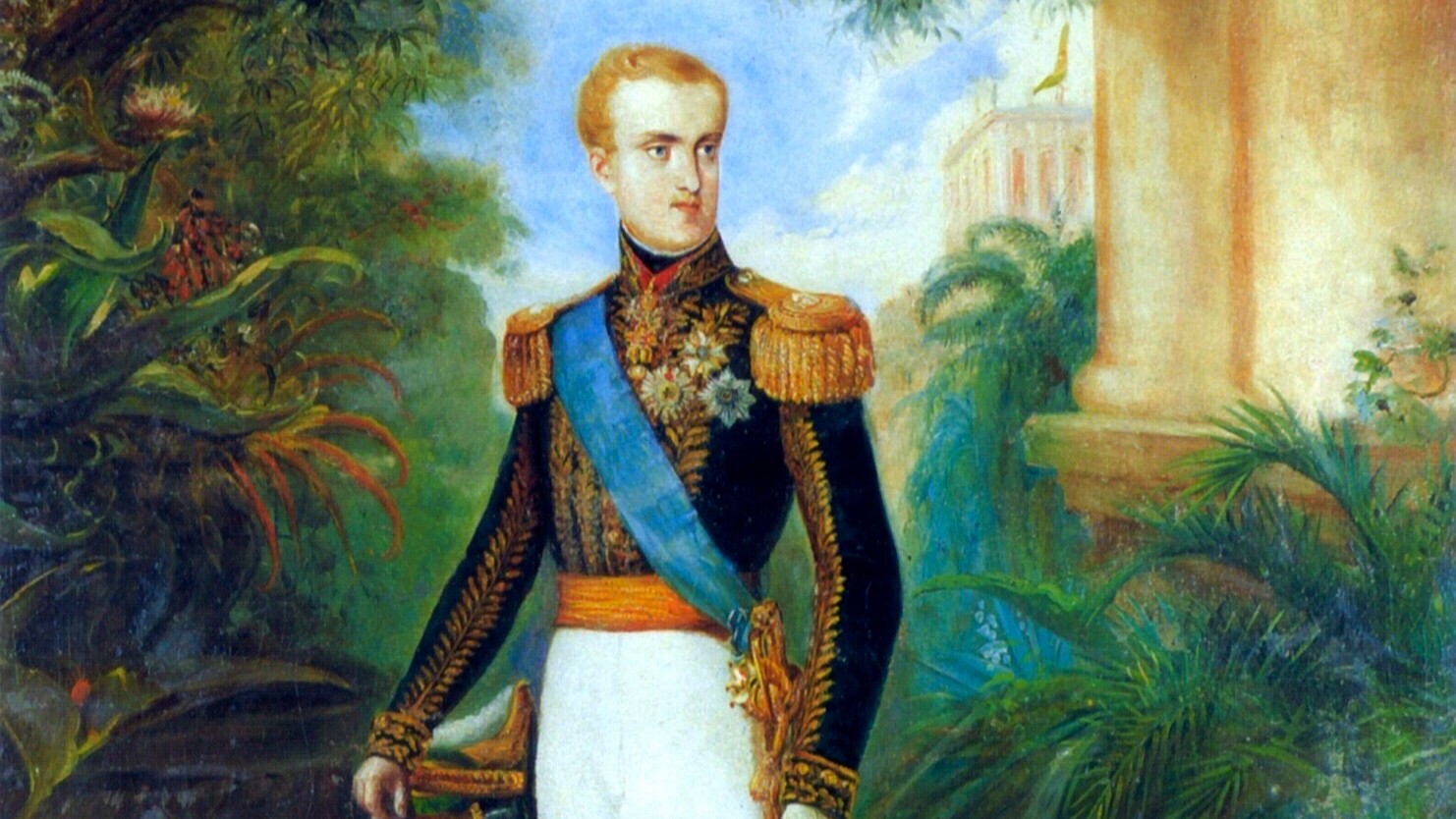 Portrait of Emperor Pedro II of Brazil by Johann Moritz Rugendas, circa 1846. He is a young man of 20 years old with ginger hair, and is dressed in regal clothing, including a sword at his waist. He is in a lush garden.