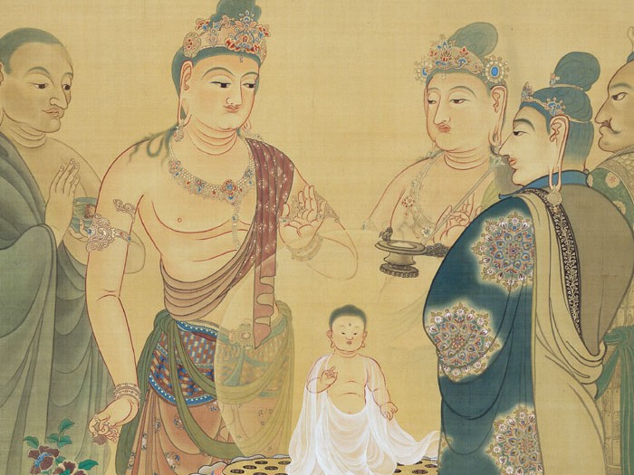 Birth of Buddha, by Kanzan Shimomura, circa 1896. It depicts Siddhartha Gautama as a baby, standing and posing as though he is teaching the adults surrounding him. He is wearing silky white cloths, while the adults around him are dressed in extravagant clothing.