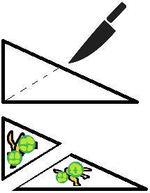 A cartoon-style clipart image showing a knife cutting through a triangle and two smaller triangles with images representing peppers and cheese on them