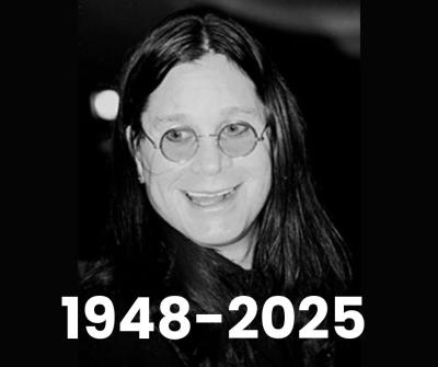 Singer Ozzy Osbourne with long dark hair and small glasses, born 1948, died 2025