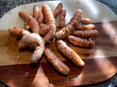 raw turmeric rhizomes sitting on a wooden cutting board