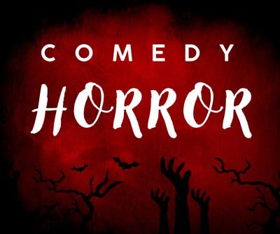 Comedy horror text over red background with hands reaching up as if from the grave