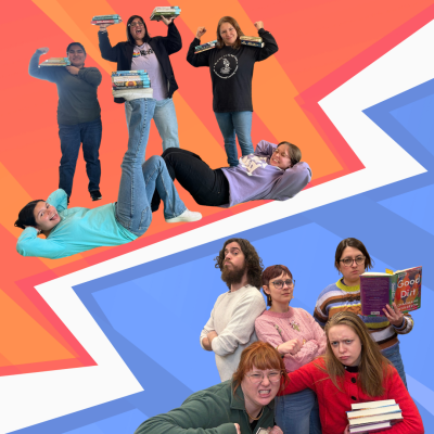 two groups of librarians holding books and looking tough with a graphic background of blues and reds with a white lighting shape between groups