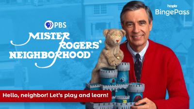 Image of Fred Rogers and logo for Mister rogers' neighborhood with text "hello, neighbor! Let's play and learn!"