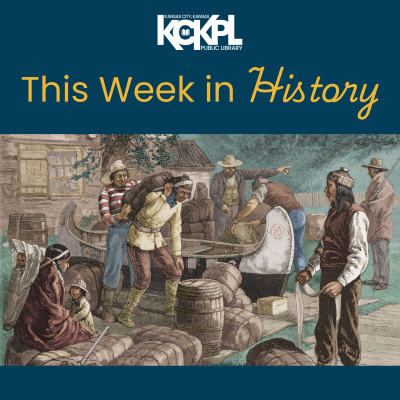 Cover image for This Week in History for April 6, with an image of several Native Americans negotiating over packages of fur at the Hudson Bay Company trading post, painted by Henry Alexander Ogden in 1882.