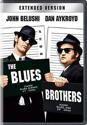 The Blues Brothers DVD cover showing two men holding up jail booking signs