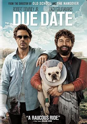 Due Date DVD cover showing two men and a white dog with an elizabethan collar on