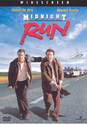Midnight Run DVD cover showing two men running from multiple cop cars and a helicopter