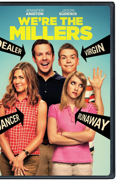 We're the Millers DVD cover showing a family of four smiling with captions telling their real identiy: runaway, virgin, dancer and dealer.