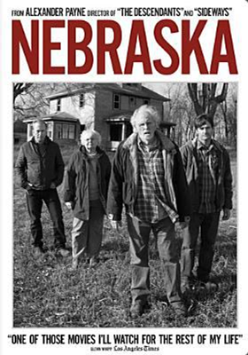 Nebraska DVD cover showing three men and a woman standing in front of a house