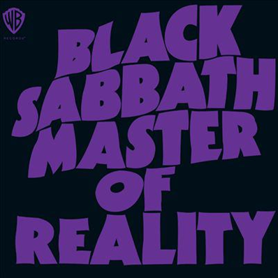Master of Reality cd cover with a black background and purple letters of the group name and cd title