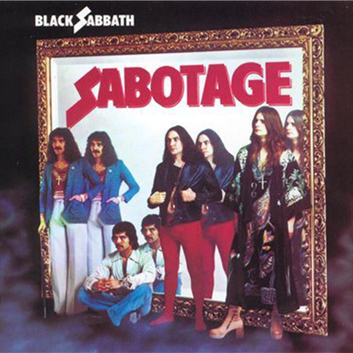 Sabotage music cd cover showing 4 members of Black Sabbath standing in front of a mirror with their images behind them