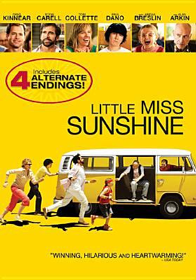 Little Miss Sunshine DVD cover showing an old van with four people running toward it and a man reaching out to pull them on board