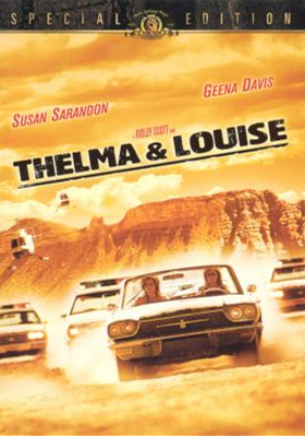 Thelma and Louise DVD cover showing two women in a convertible with cop cars and a helicopter following them
