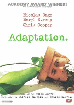 Adaptation DVD cover showing a potted plant on it's side spilled over and a man's face on the broken pot