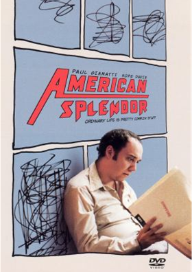 American Splendor DVD cover with a man looking at a file folder and seated in front of a wall with scribbles on it