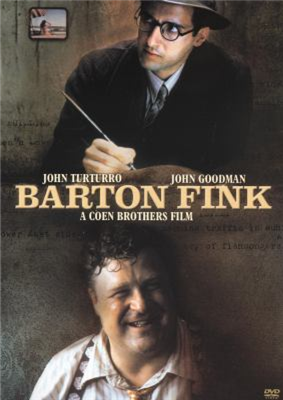 Barton Fink DVD cover showing one man holding a long ink pen and another man laughing