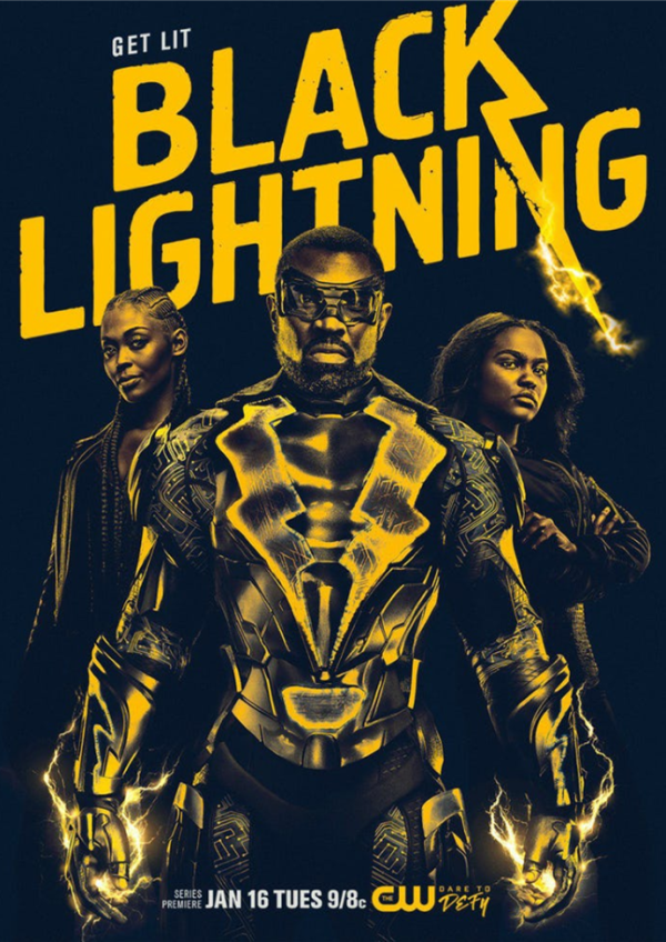 Black Lightning: The Complete First Season DVD cover showing the superhero Black Lightning, an african american man in a black and yellow superhero costume