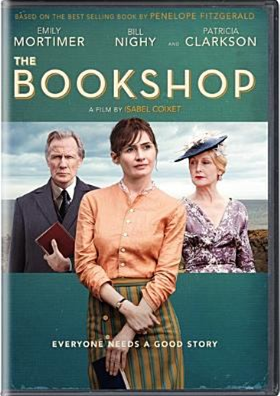 The Bookshop DVD cover showing a woman front and center holding a book with a man and woman standing behind her
