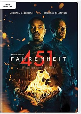Fahrenheit 451 DVD cover showing two men with the image of burning books imposed in the front of them