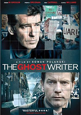 The Ghost Writer DVD cover showing one man with protestors in the background and the other man with paper flying through the street
