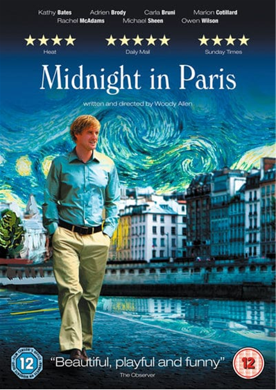 Midnight in Paris DVD cover showing a man walking along a river with a paris street with buildings alongside it