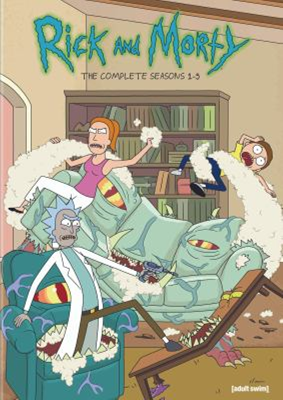 Rick and Morty: The Complete Seasons 1 - 5 DVD cover showing cartoon characters Rick, a mad scientist, and Morty, the grandson, in a living room with a torn sofa, shark teeth in the coffee table and other elements of chaos