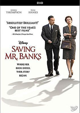 Saving Mr. Banks DVD cover showing a man and woman walking together with their shadows displaying the image of Mary Poppins holding an umbrella