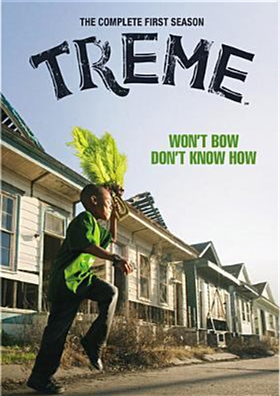 Treme: The Complete First Season DVD cover showing a young black boy with a green feather bouquet running  down the street in front of row houses