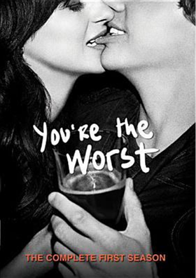 You're the Worst DVD cover showing a woman biting a man's lower lip instead of kissing it
