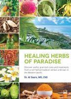 book cover of Healing Herbs of Paradise with images of tropical plants and an island ocean image