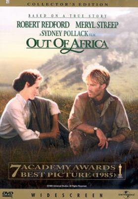 Out of Africa dvd cover; man and a women sitting in a grassy plain with a mountain in the background