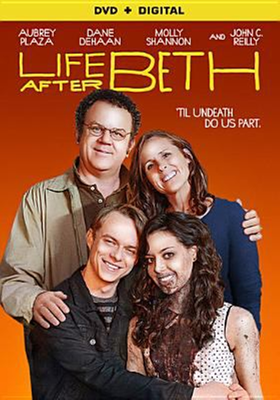 Life After Beth dvd cover; family of four posed together, mom, dad, son appear normal, daughter has blood on her mouth and dress