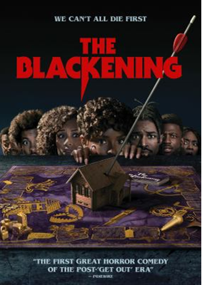 Blackening dvd cover; various people peering over a game mat; all look fearful, small house model sitting on the game mat has an arrow through it