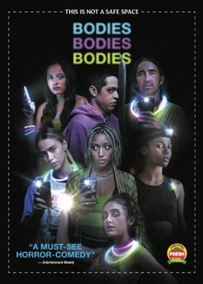 Bodies Bodies Bodies dvd cover; various characters with things that light up like cell phones and glow necklaces