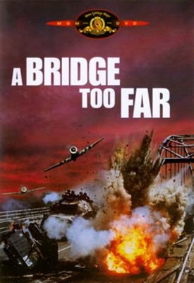 A Bridge Too Far dvd cover; war scene with airplanes flying over bombed areas; bombs in various stages of explosion