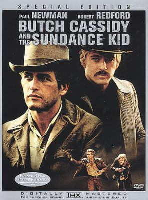 Butch Cassidy and the Sundance Kid dvd cover; two men as outlaws with smaller images of them appearing to hold guns while running