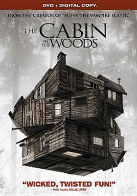 Cabin in the Woods dvd cover; log type house with a middle section cut out and turned clockwise from the top and bottom sections