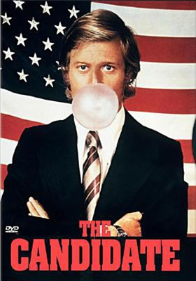 The Candidate dvd cover; man in a business suit blowing a gum bubble in front of an american flag
