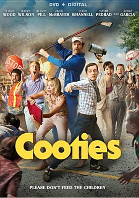 Cooties dvd cover; various people defending themselves with different type objects including a  hockey stick, thermos, stop sign and other things