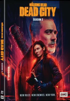 Walking Dead Dead City dvd cover; man with a weapon like a bat with spikes and and woman with a knife