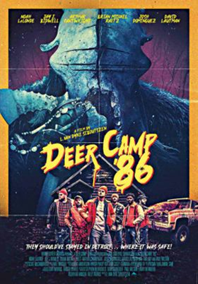 Deer Camp '86 dvd cover; various people standing near a truck with a deer carcass, above them is an image of creature