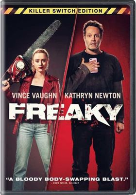 Freaky dvd cover; woman with a chainsaw, man holding a cell phone