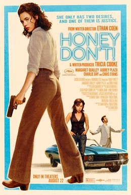 Honey Don't dvd cover; woman in 1970s style clothing holding a gun