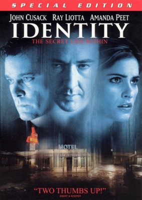 Identity dvd cover; faces of two men, one woman over a picture of a motel building